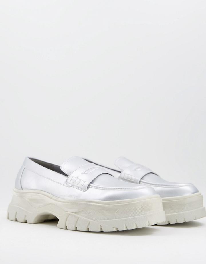 Asos Design Chunky Loafer In Silver Faux Leather With Contrast Sole