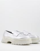 Asos Design Chunky Loafer In Silver Faux Leather With Contrast Sole