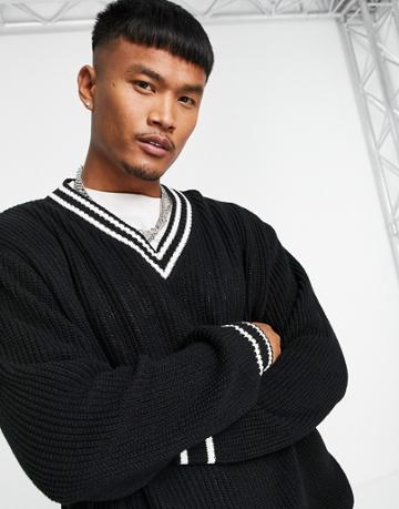 Asos Design Fisherman Rib Cricket Sweater In Black