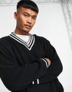 Asos Design Fisherman Rib Cricket Sweater In Black