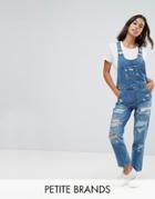 Parisian Petite Distressed Denim Overalls - Blue