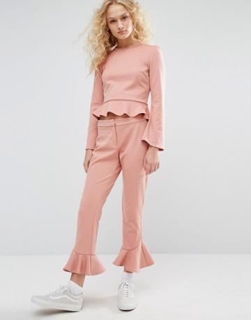 I Love Friday Cropped Pants With Ruffle Hem Co-ord - Pink