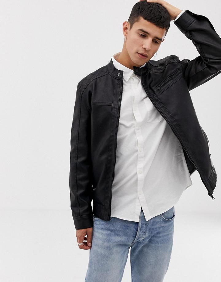 Only & Sons Faux Leather Racer Jacket - Black