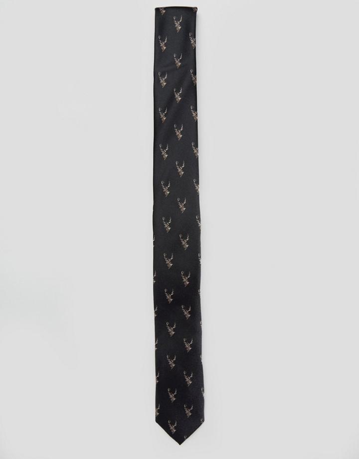 Asos Slim Tie With Stag Head Print In Black - Black