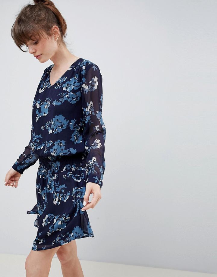 Ichi Floral Waisted Dress - Navy