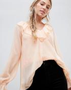Asos Design Sheer Blouse With Ruffle Detail And Cami - Pink