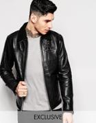 Black Dust Leather Jacket With Faux Fur Collar - Black