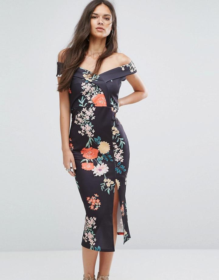 Outrageous Fortune Bardot Pencil Dress With Split - Black