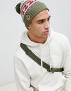 The North Face Fair Isle Beanie Hat In Green/red - Multi