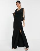 Lipsy Open Back Chain Detail Fluted Sleeve Maxi Dress In Black