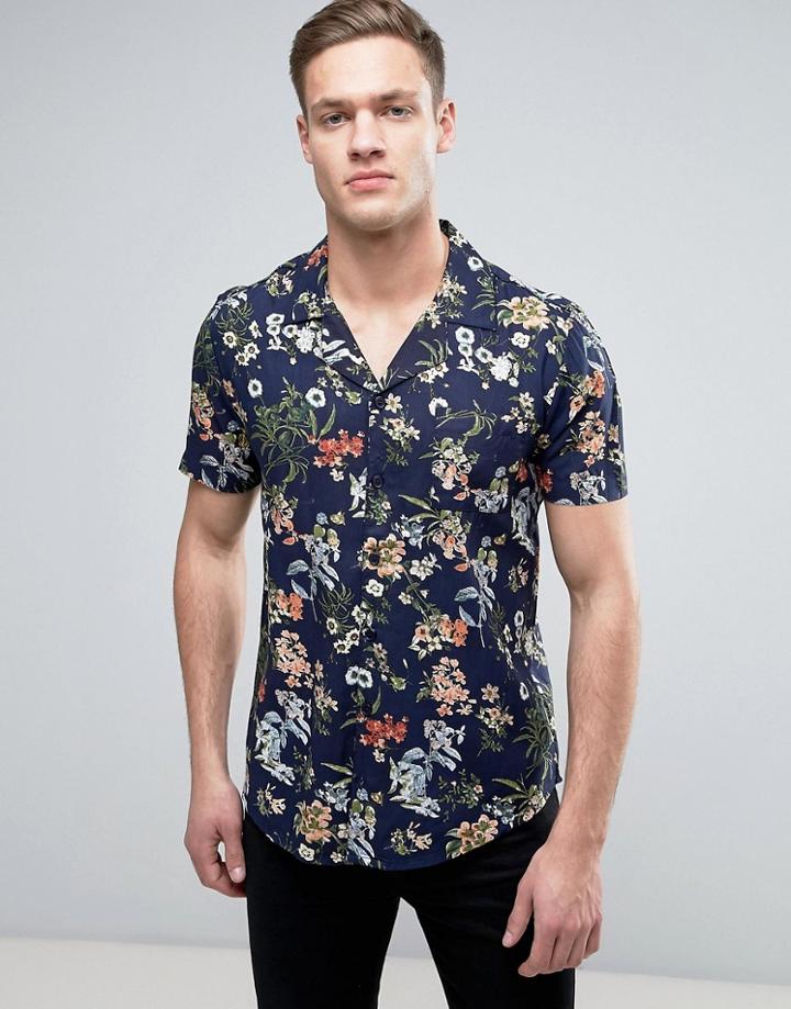 New Look Regular Fit Shirt With Revere Collar And Floral Print - Navy