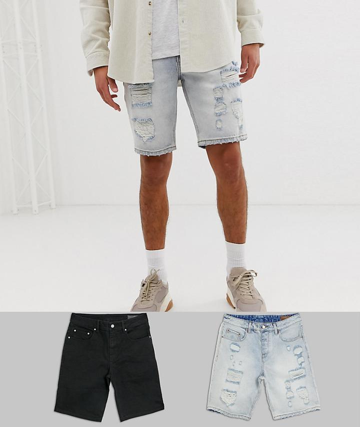 Asos Design Denim Shorts In Slim Washed Black & Light Wash With Heavy Rips-multi