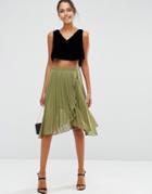 Asos Pleated Midi Skirt With Wrap Front Detail - Green
