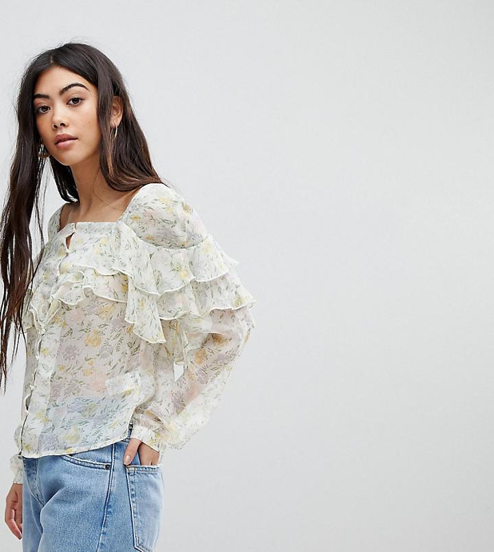 Fashion Union Petite Button Front Blouse In Pastel Floral - Multi