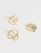 Asos Design Pack Of 3 Rings With Pastel Stones And Crystal Details In Gold Tone