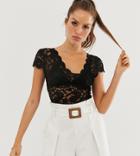 Stradivarius All-over Lace T-shirt In Black