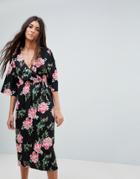 Influence Floral Print Wrap Midi Dress With Flared Sleeve - Black