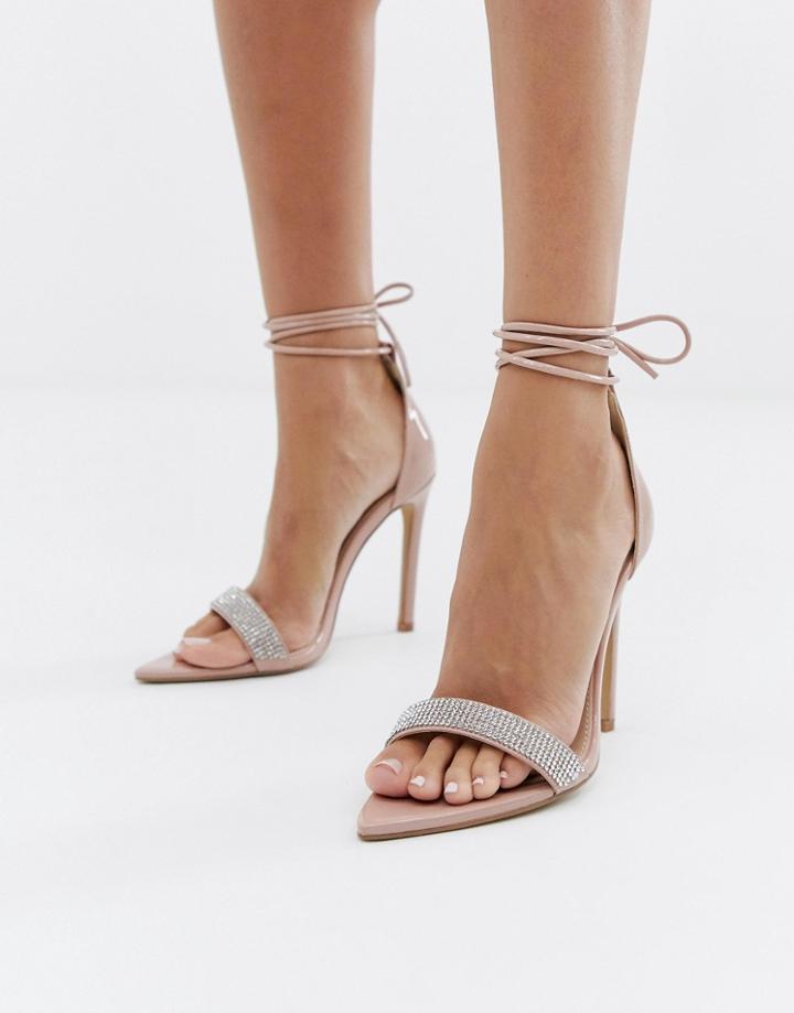 Public Desire Caffeine Blush Embellished Ankle Tie Heeled Sandals-beige