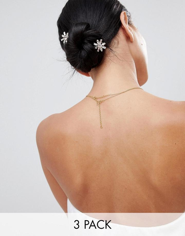 Asos Design Pack Of 3 Hair Pin With Floral Crystals In Gold - Gold