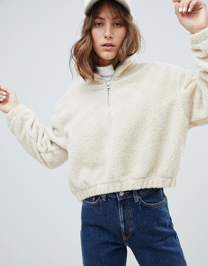 Weekday Borg High Neck Zip Sweatshirt - Beige
