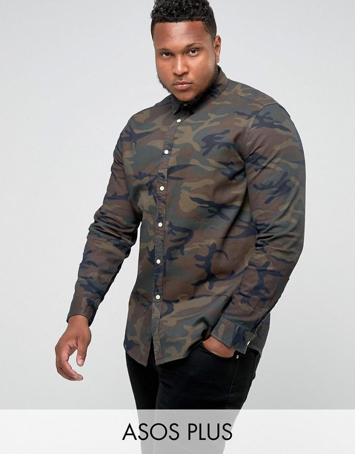 Asos Plus Skinny Denim Shirt In Camo Print - Brown
