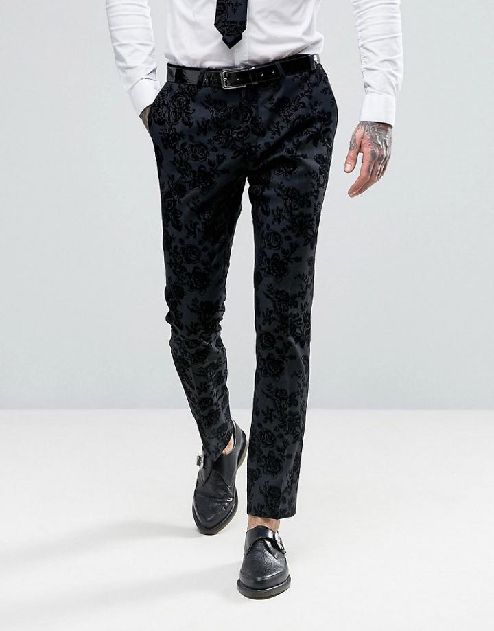 Noose & Monkey Super Skinny Tuxedo Pants In Flocked Floral With Stretc