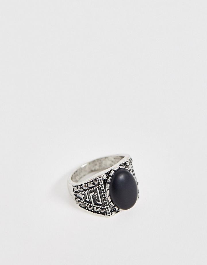 Asos Design Signet Ring In Burnished Silver With Black Stone