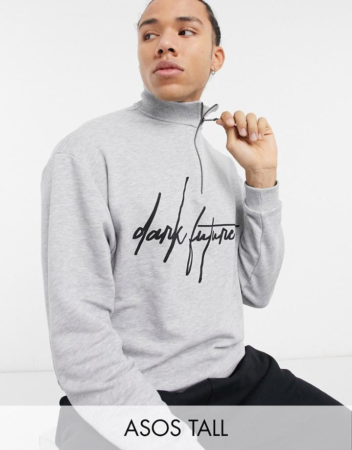 Asos Dark Future Tall Set Oversized Half Zip Sweatshirt In Gray Heather With Chest Logo-grey