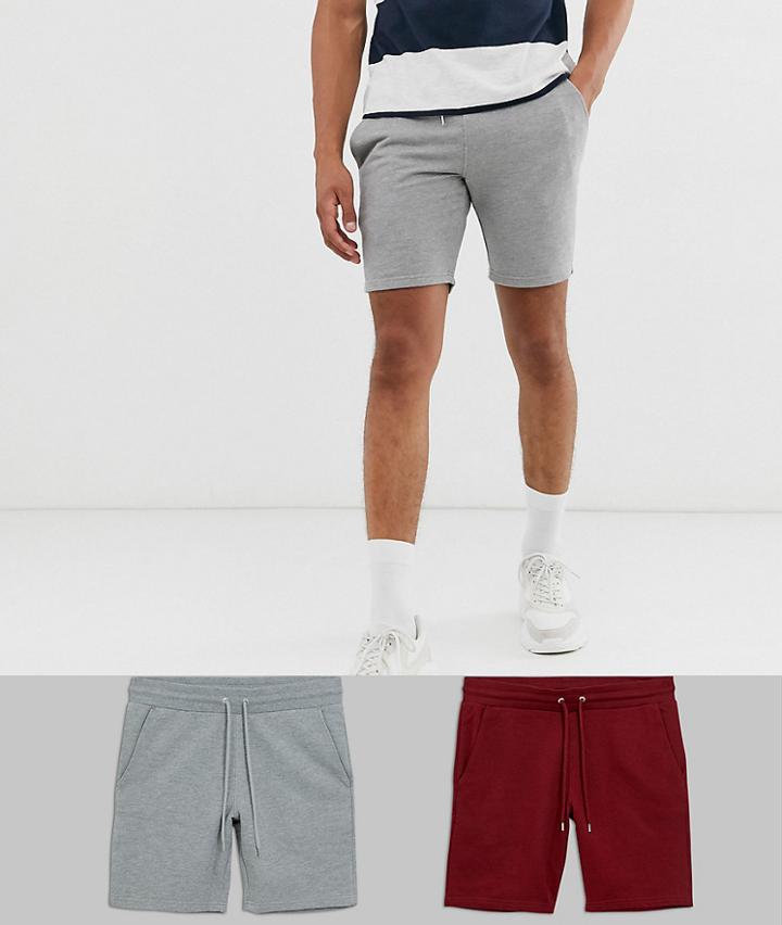 Asos Design Jersey Skinny Shorts 2 Pack Red/gray Marl - Multi