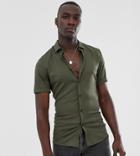 Asos Design Tall Muscle Viscose Shirt In Khaki-green