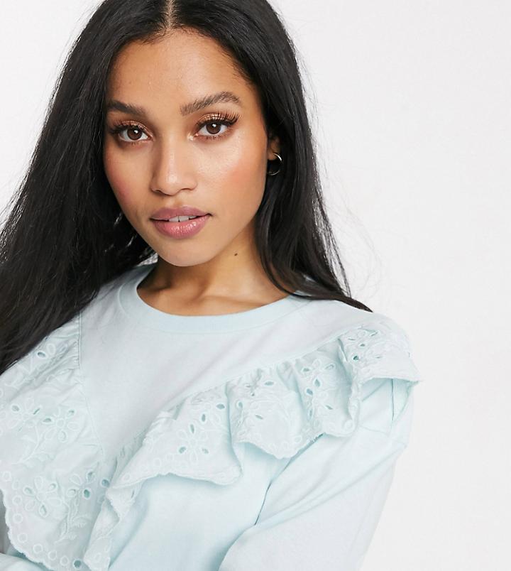 River Island Petite Broderie Frill Blouse In Blue-blues