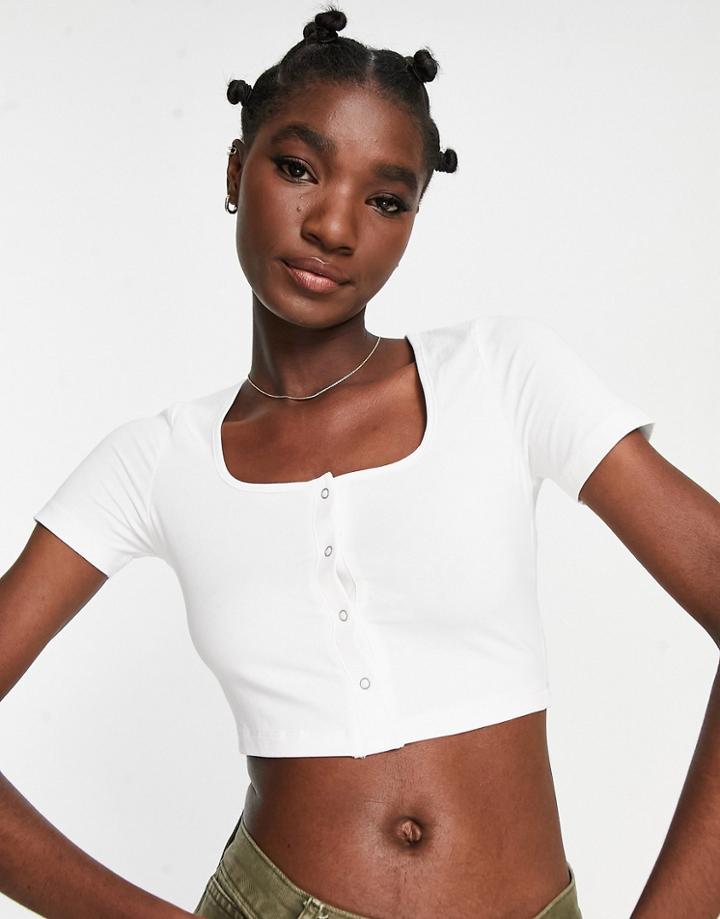 Asos Design Fitted Crop Top With Snap Front In White