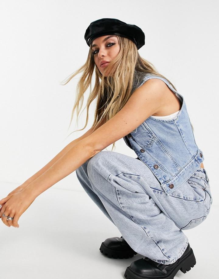 Topshop Fitted Denim Vest In Mid Blue-blues
