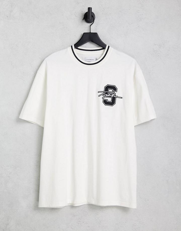 Topman Oversized Fit T-shirt With Varsity Signature Applique Badge In White