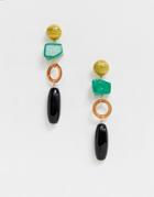 Asos Design Earrings In Resin Shapes And Wooden Circle In Gold Tone - Gold