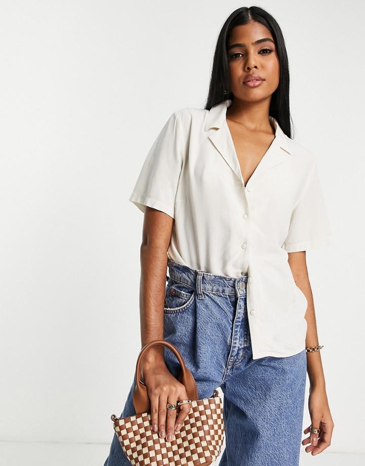 Pieces Oversized Grandad Shirt In Cream-white