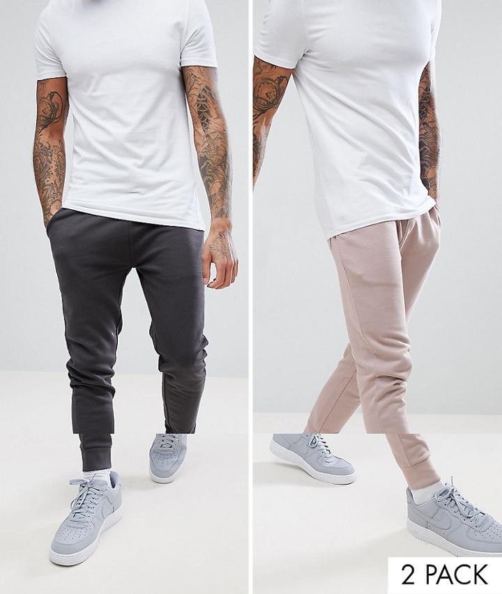 Asos Design Super Skinny Joggers 2 Pack Washed Black/light Pink Save - Multi