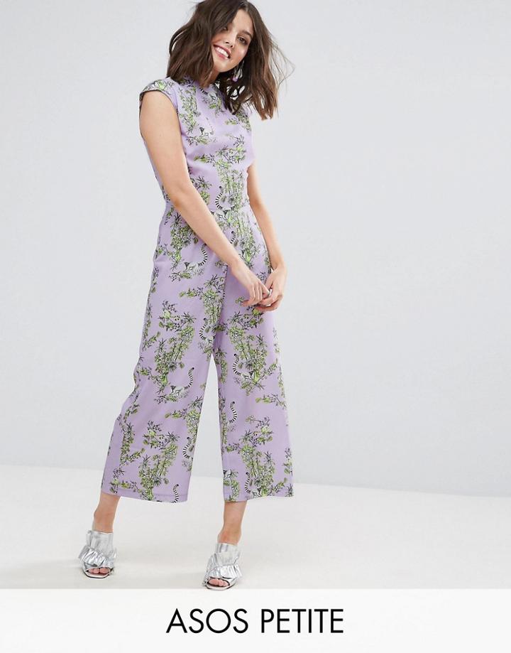 Asos Petite Jumpsuit With High Neck And Wide Leg In Print - Purple