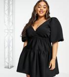 Asos Design Curve Puff Sleeve Plunge Elasticized Smock Mini Skate Dress In Black