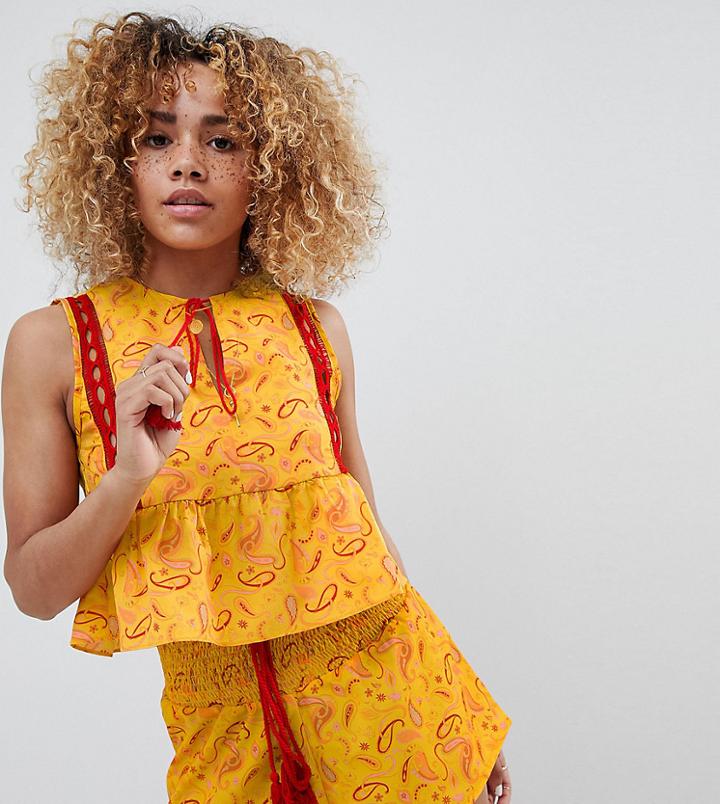 Glamorous Petite Folk Top With Peplum Hem And Tassle Ties In Patchwork Print Two-piece