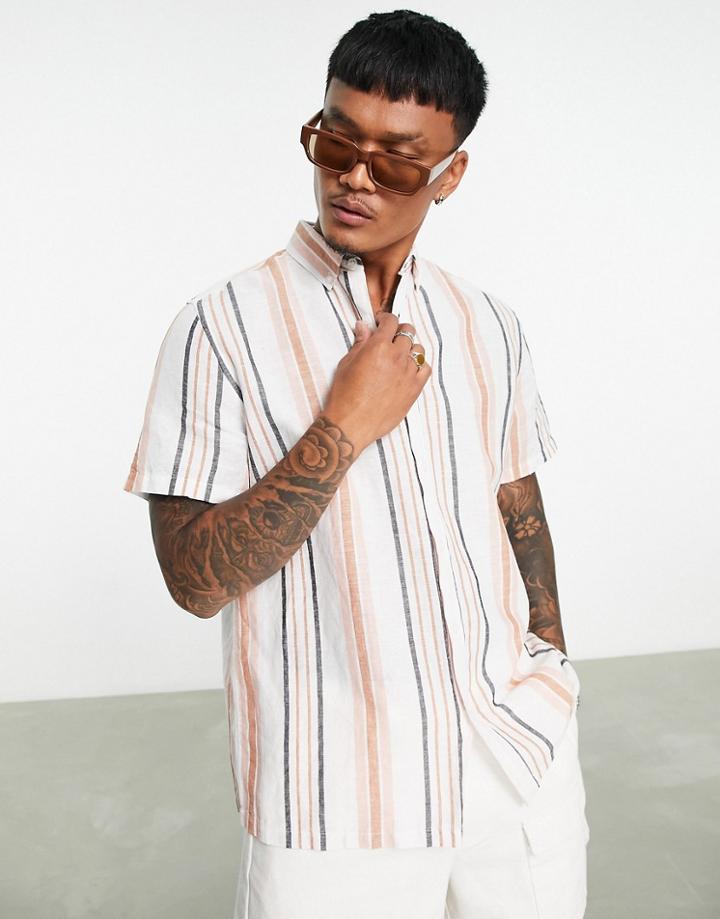 Asos Design Relaxed Shirt In Linen Mix Neutral Stripe-white