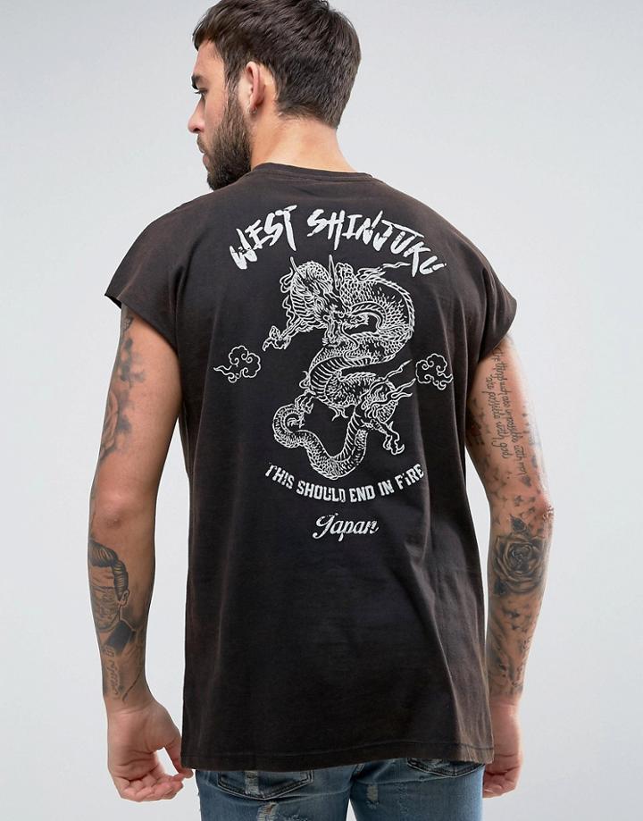 Asos Oversized Sleeveless T-shirt With Dragon Back Print And Acid Wash - Gray