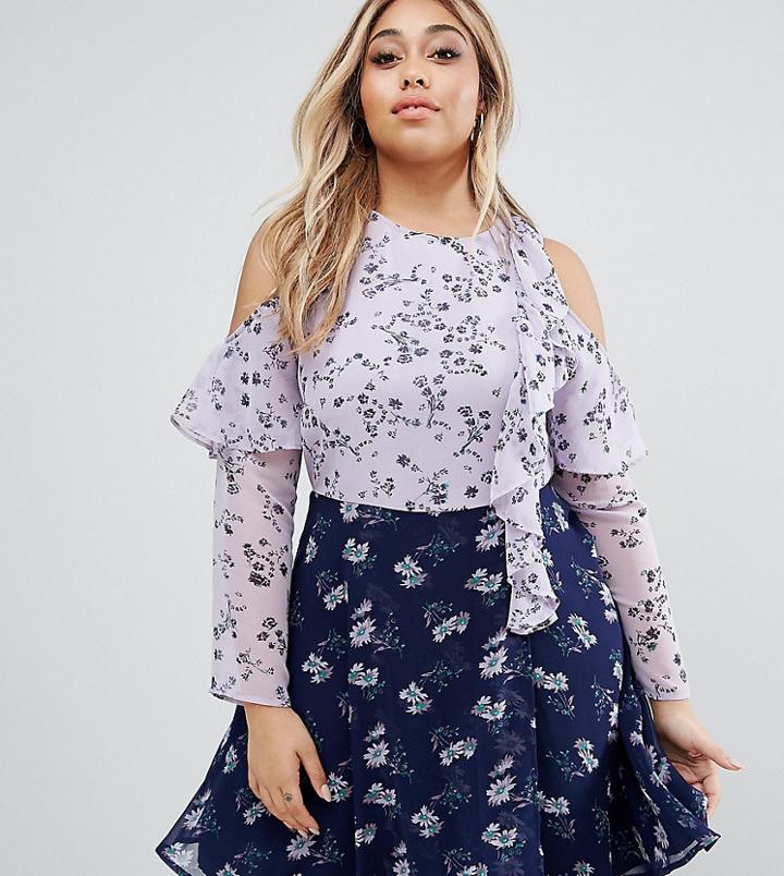 Asos Curve Cold Shoulder Mix Print Ruffle Mini Dress - Multi
