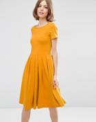Asos Midi Pleated Skater Dress With Scoop Back - Yellow