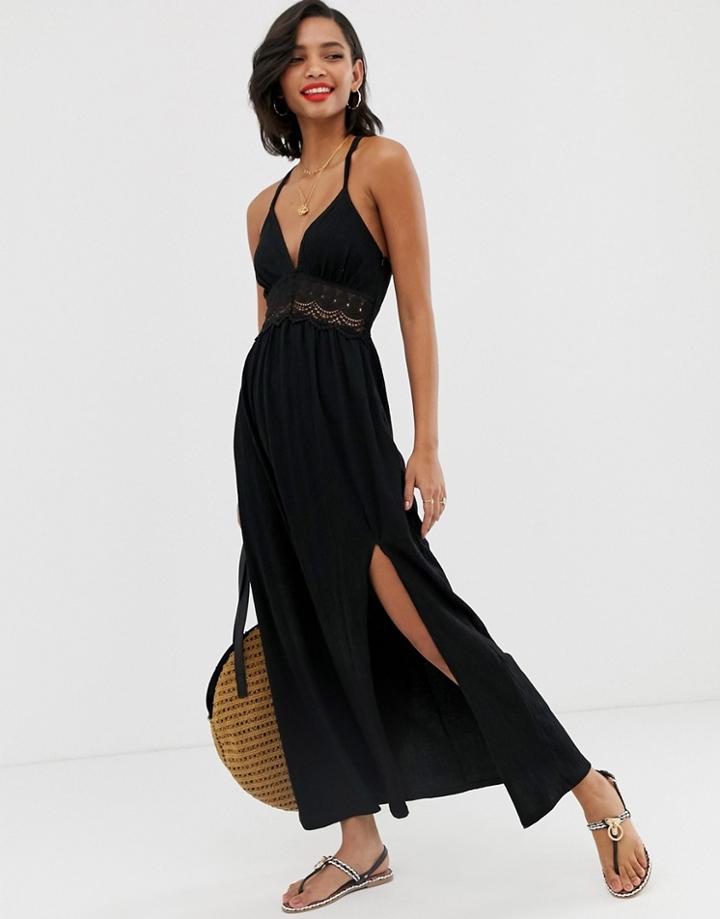 Asos Design Textured Maxi Skater Sundress With Crochet Insert-black