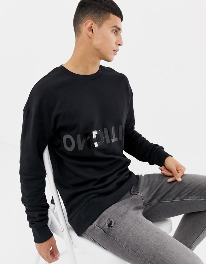 Jack & Jones Core Sweat With Condition Text Print In Black - Black