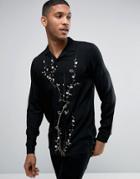 Asos Regular Fit Viscose Shirt With Revere Collar And Floral Embroidery - Black