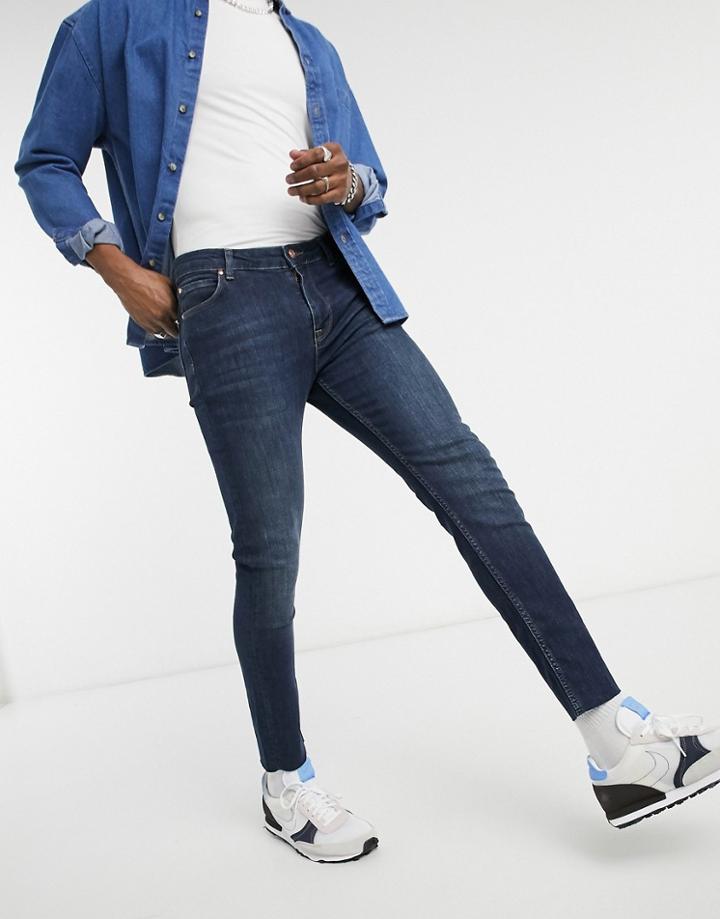 Asos Design Skinny Jeans In Vintage Dark Wash With Raw Hem-blue