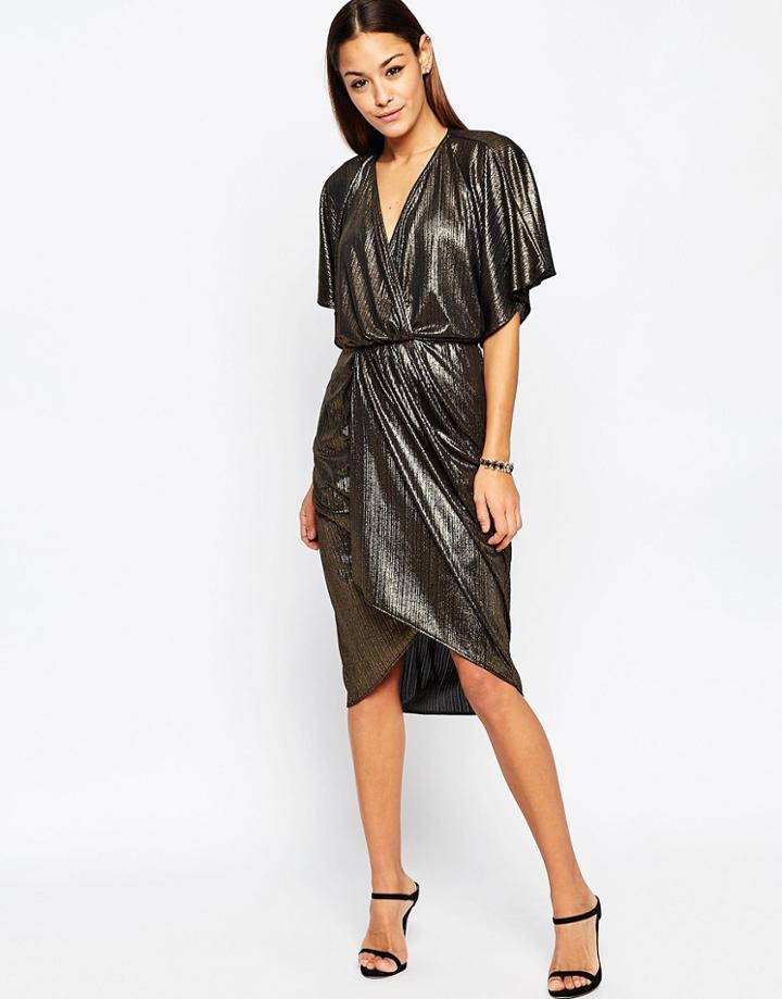 Asos Metallic Wrap Kimono Midi Dress - Gold