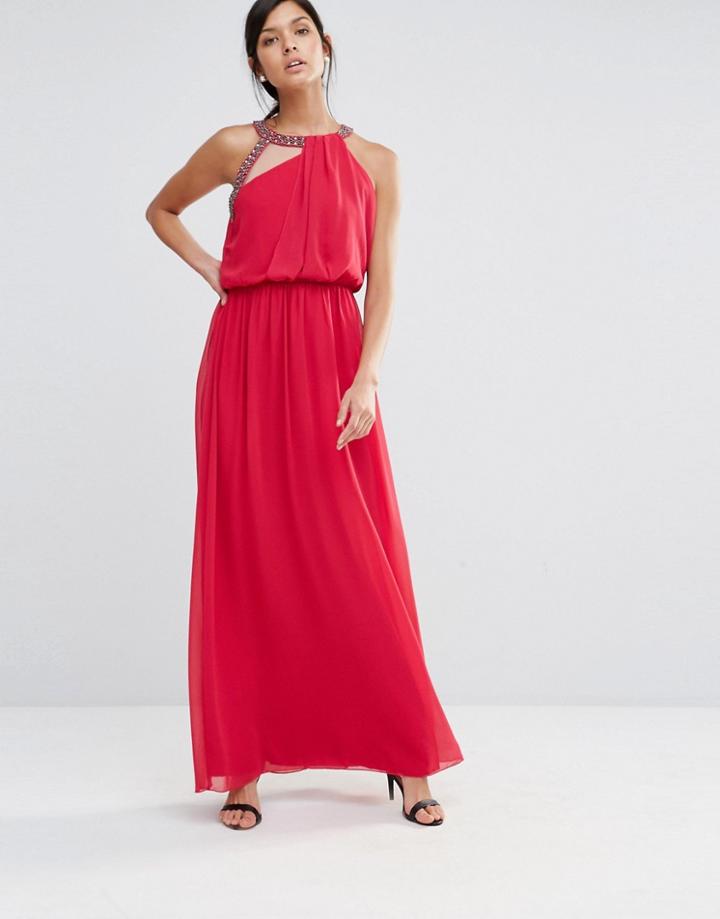 Little Mistress Maxi Dress With Embellished Neckline - Red